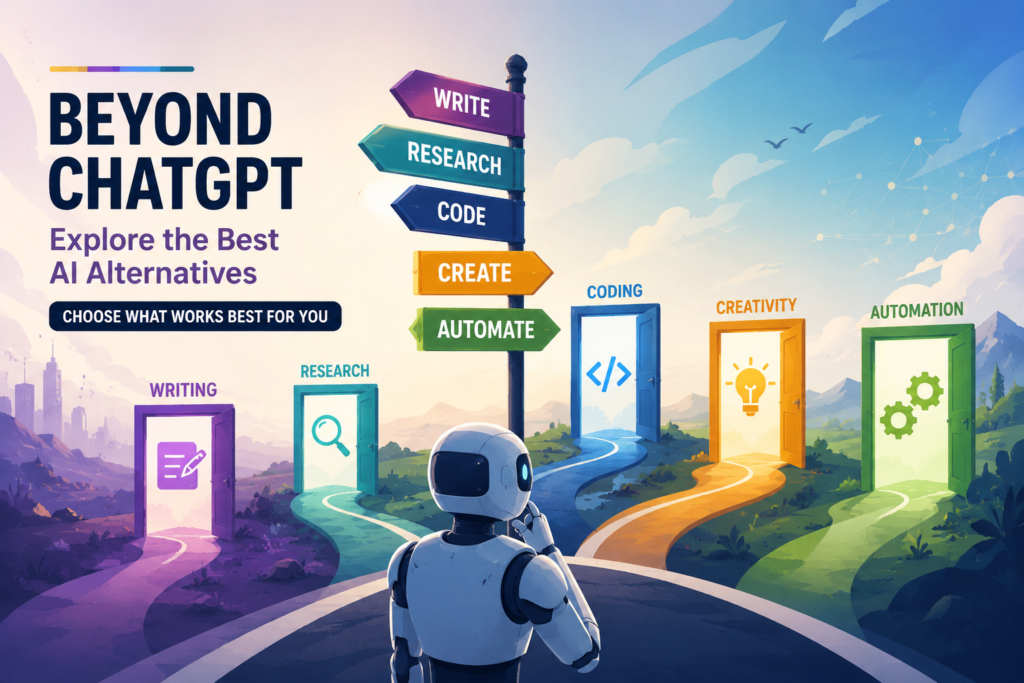 Hand-drawn AI tools infographic for writing, coding, and research in 2026