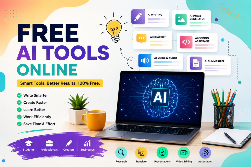 Free AI tools online feature image showing AI writing, image generation, coding, chatbot, research, translation, and productivity tools in a modern workspace