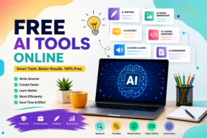 Free AI tools online feature image showing AI writing, image generation, coding, chatbot, research, translation, and productivity tools in a modern workspace
