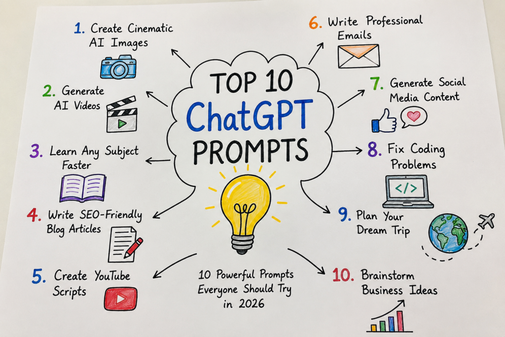 Top 10 ChatGPT prompts infographic with hand-drawn illustrations for AI image creation, video generation, blogging, coding, learning, travel planning, and business ideas