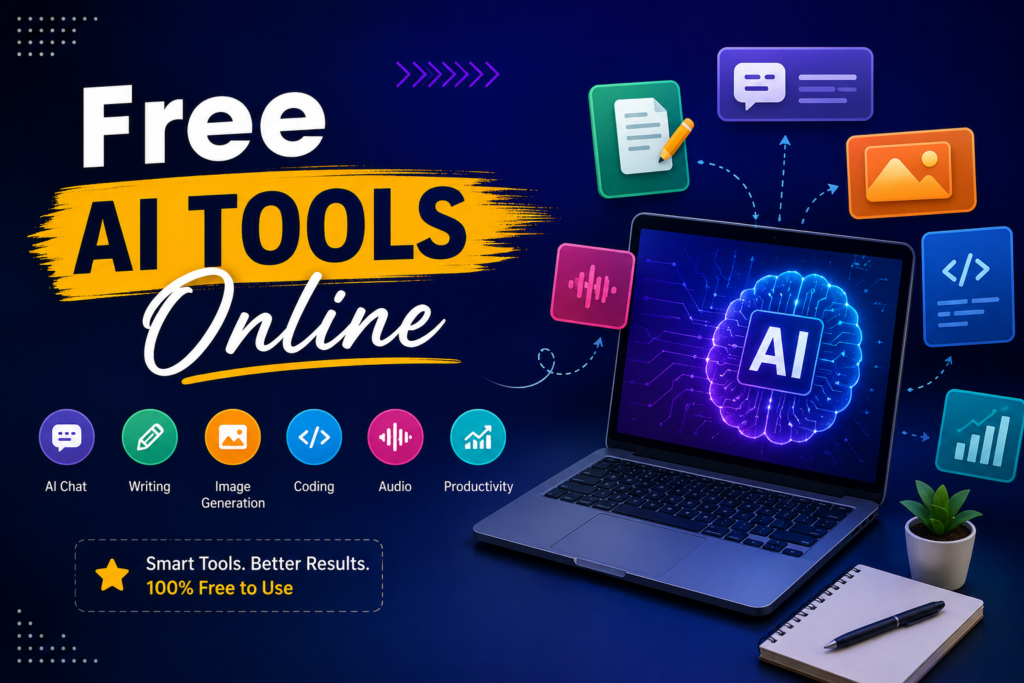 Free AI tools online illustration with AI writing, image generation, coding, productivity, and chatbot features on a modern futuristic workspace