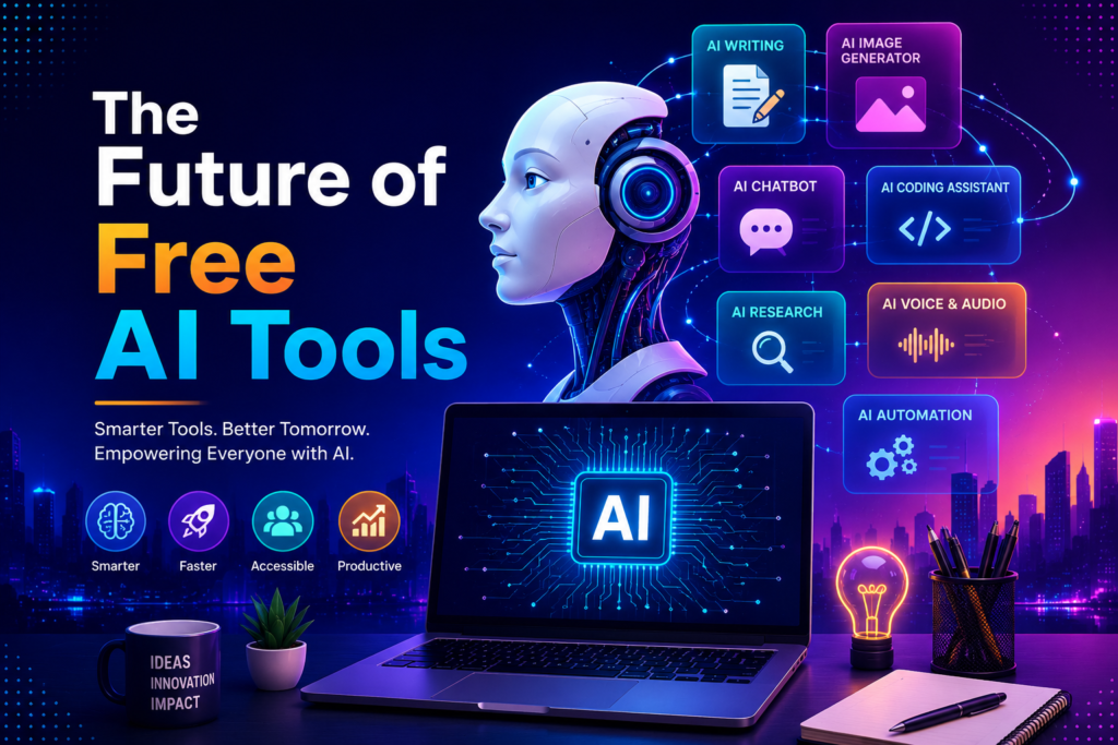 The future of free AI tools illustration featuring next-generation artificial intelligence, smart automation, AI assistants, and digital productivity in a futuristic workspace