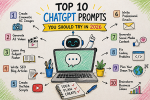 Top 10 ChatGPT prompts hand-drawn infographic showing AI image creation, video generation, blogging, coding, studying, travel planning, and business ideas