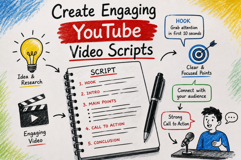 Create engaging YouTube video scripts with ChatGPT using a hand-drawn workflow illustration for content creators and beginners