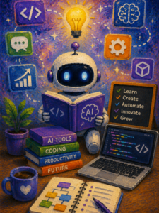 Creative hand-painted AI coding workspace with a robot, laptop, coding notebook, and technology elements.