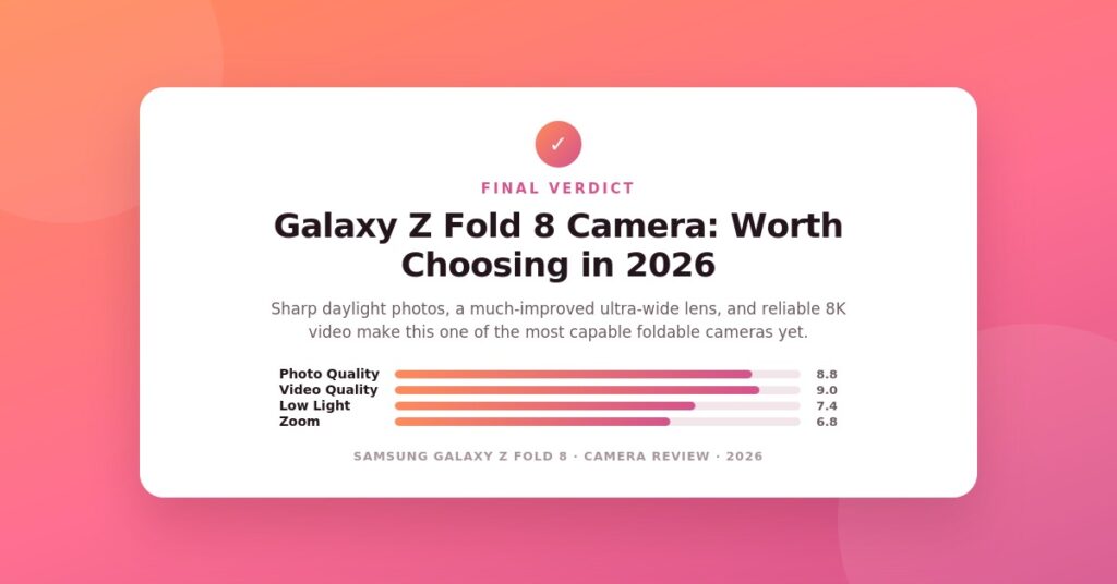 Samsung Galaxy Z Fold 8 camera review final verdict card showing rating bars for photo quality, video quality, low light, and zoom performance