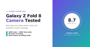Samsung Galaxy Z Fold 8 camera review score card showing 8.7 out of 10 rating with 50MP dual camera and 8K video specs