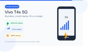 Vivo T4x 5G budget 5G smartphone review banner with battery, display, and camera highlights